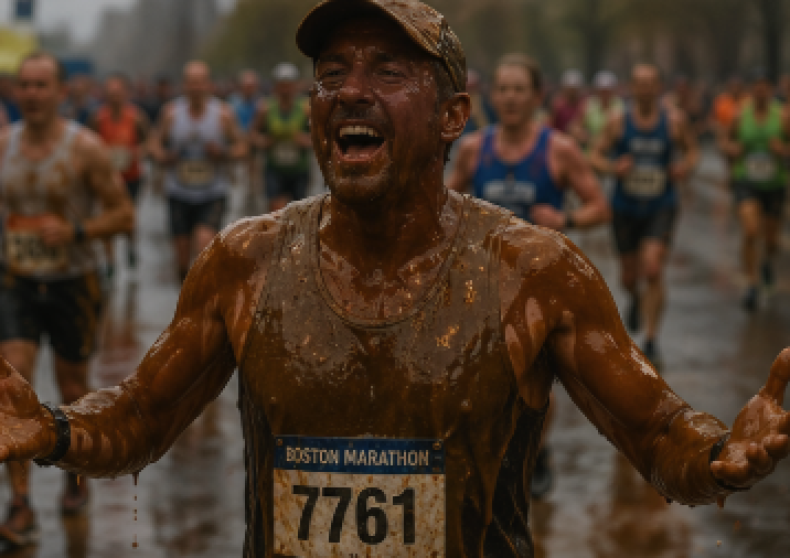 A runner celebrating with their hands in the air